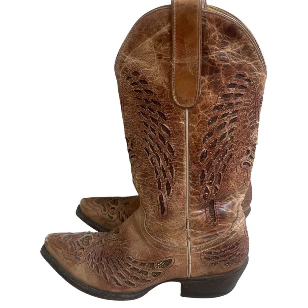Cavenders 6.5b Womens Brown Leather Wing  Western Boots Snip Toe cowboy pullon